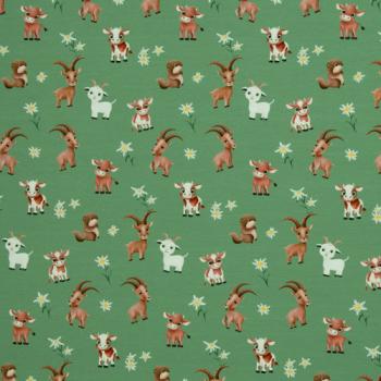 Preview: Baumwolljersey Alpenliebe Tiere auf Grün by Swafing von Mrs. Mint Design
